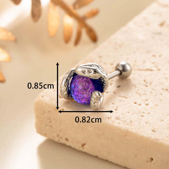 Punk Style Snake Animals Metal Inlay Moonstone Cartilage Earrings Titanium Steel Screw Rod