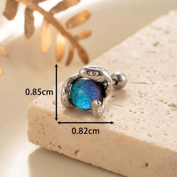 Punk Style Snake Animals Metal Inlay Moonstone Cartilage Earrings Titanium Steel Screw Rod