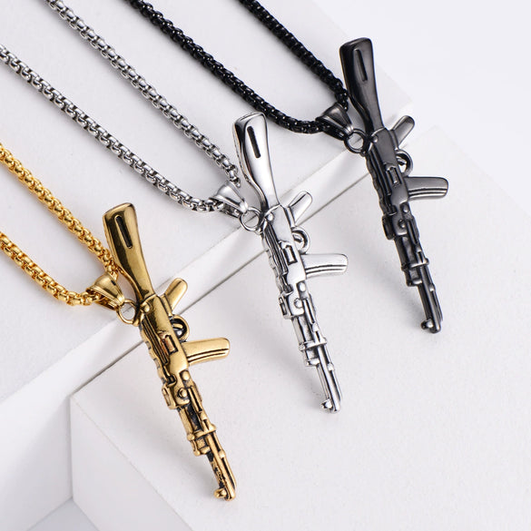 Punk Style Stainless Steel Ammunition Ak Rifle And Pistol Pendant With Doll Pattern For Men