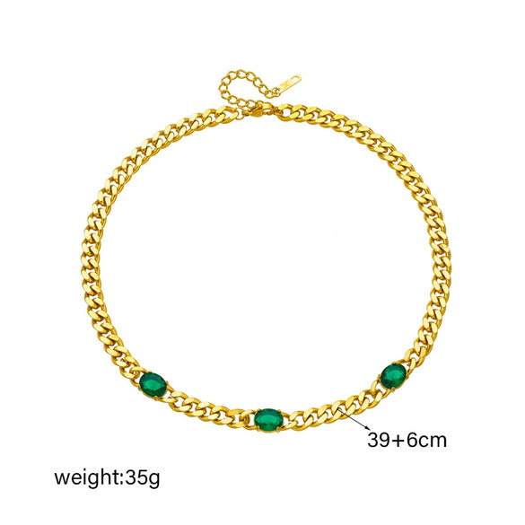 Punk Style Titanium Steel Necklace With Diamondembedded Emerald And Thick Chain