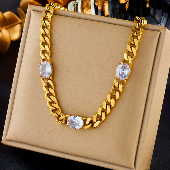 Punk Style Titanium Steel Necklace With Diamondembedded Emerald And Thick Chain