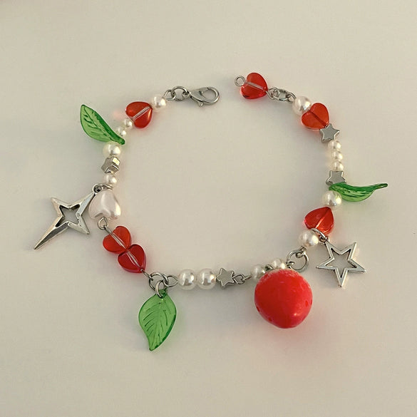 Punk Sweet Cool Style Hollow Fivepointed Star And Heart Shape Flower Pendant Bracelet For Women Imitation Pearls Electroplated