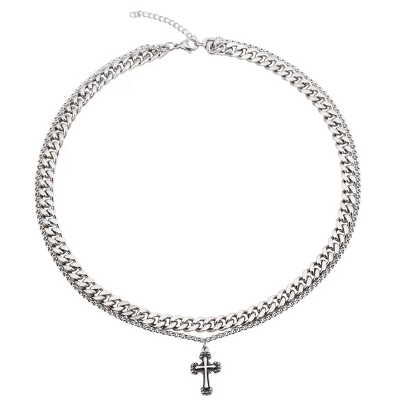 Punk Trend Titanium Steel Lengthen Doublelayer Twisted Chain Carved Cross Necklace Electroplated Geometric