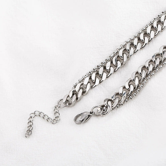 Punk Trend Titanium Steel Lengthen Doublelayer Twisted Chain Carved Cross Necklace Electroplated Geometric
