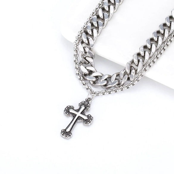 Punk Trend Titanium Steel Lengthen Doublelayer Twisted Chain Carved Cross Necklace Electroplated Geometric