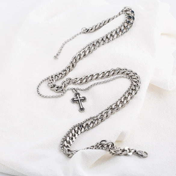 Punk Trend Titanium Steel Lengthen Doublelayer Twisted Chain Carved Cross Necklace Electroplated Geometric