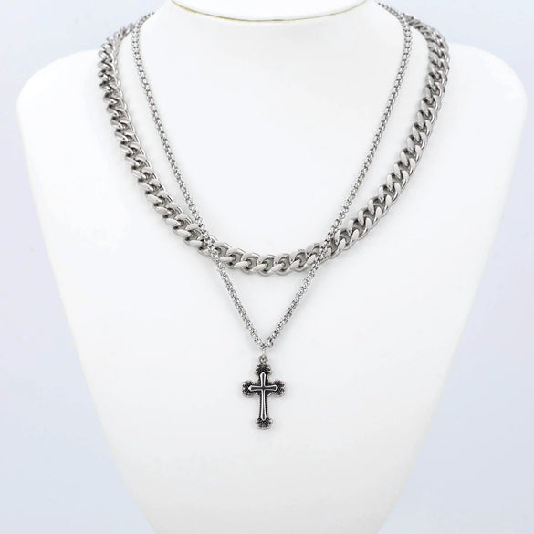 Punk Trend Titanium Steel Lengthen Doublelayer Twisted Chain Carved Cross Necklace Electroplated Geometric