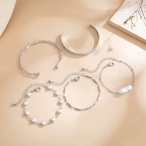 Punkinspired Polished Metal Open Cuff Bracelet Set With Faux Pearl Chain And Layered Geometric Design