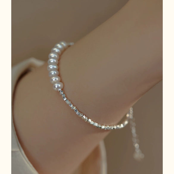 Pure Silver Natural Freshwater Pearl Bracelet With Broken Silver And Ins Style For Unisex