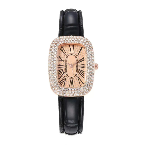 Quartz Watch Alloy Case Imitation Leather Strap Oval Dial Diamondembedded Multicolor Women's Universal Style