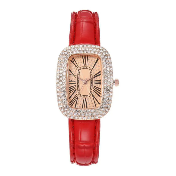 Quartz Watch Alloy Case Imitation Leather Strap Oval Dial Diamondembedded Multicolor Women's Universal Style