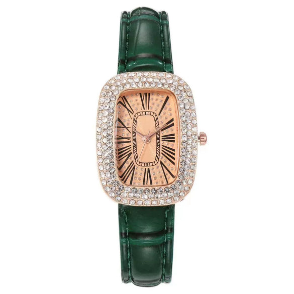 Quartz Watch Alloy Case Imitation Leather Strap Oval Dial Diamondembedded Multicolor Women's Universal Style