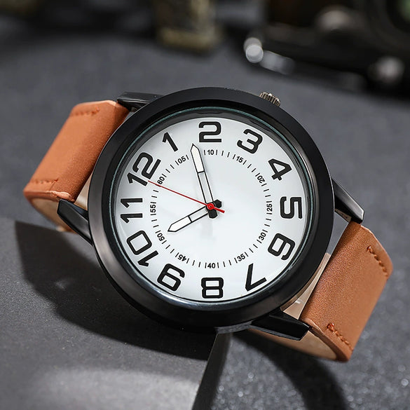 Quartz Watch Alloy Case Imitation Leather Strap Round Dial Leisure Style Men's Watch