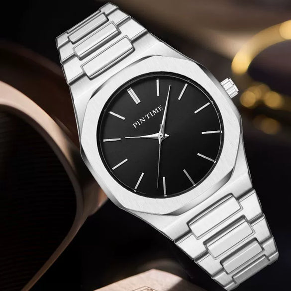 Quartz Watch Alloy Steel Belt With Sun Pattern Round Dial Business Style Butterfly Buckle