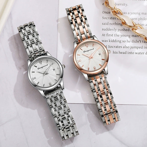 Quartz Watch For Female Students Waterproof Steel Strap Alloy Case Diamondencrusted Round Dial