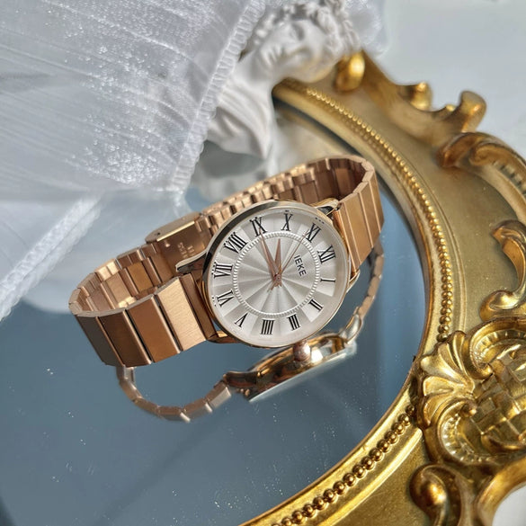 Quartz Watch Retro Style Round Dial Roman Numerals Alloy Case Bamboo Steel Band Women's