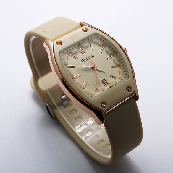 Quartz Watch Silicone Alloy Mineral Reinforced Glass Mirror Stainless Steel Buckle Barrel Shape Female Leisure