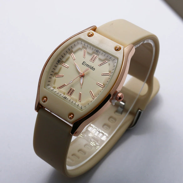 Quartz Watch Silicone Alloy Mineral Reinforced Glass Mirror Stainless Steel Buckle Barrel Shape Female Leisure