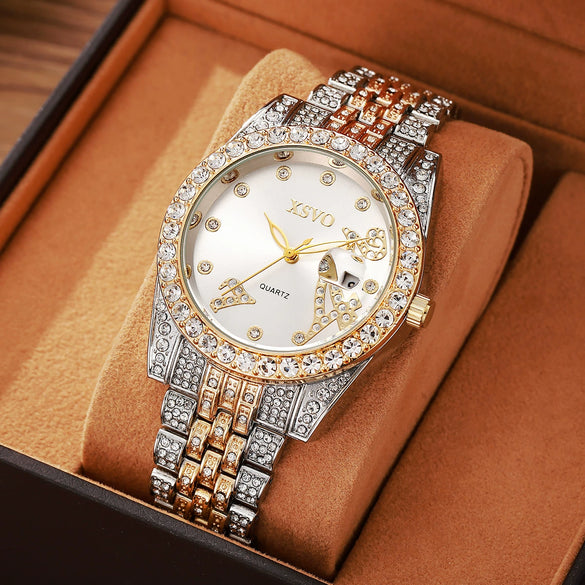 Quartz Watch With Diamondencrusted Aurora Fritillaria Dial Silicone Strap Square Alloy Case Unisex Leisure Style