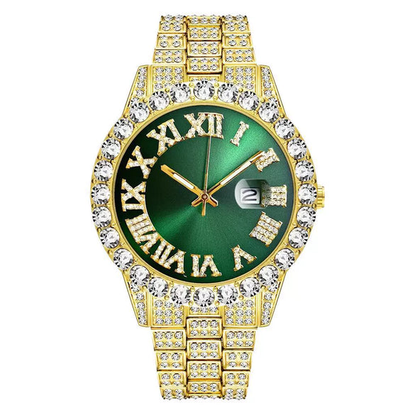 Quartz Watch With Steel Belt Full Diamond Sparkling Round Dial Metal Case Ordinary Glass Mirror Spiral Crown Universal Gender