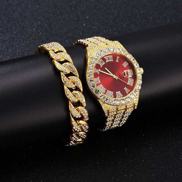 Quartz Watch With Steel Belt Full Diamond Sparkling Round Dial Metal Case Ordinary Glass Mirror Spiral Crown Universal Gender