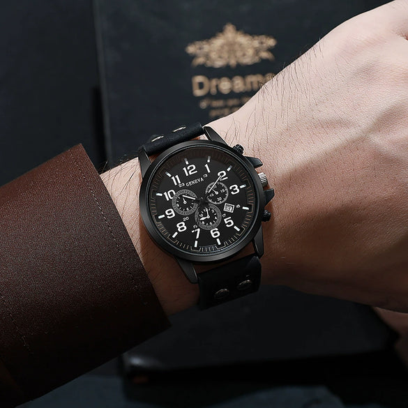 Quartz Watches Round Casual Alloy Iron Imitation Leather Ordinary Glass Mirror Spiral Crown Pin Buckle