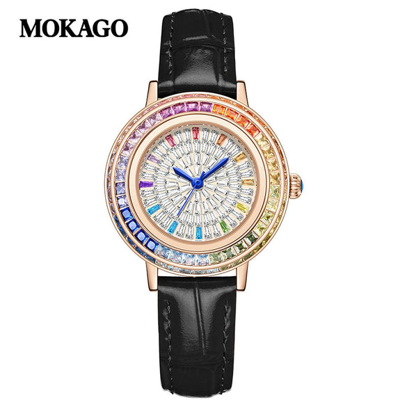 Quartz Women's Watch With Starry Sky Design Casual Light Luxury Diamondencrusted Copper Shell Doublesided Firstlayer Leather Belt Round Dial