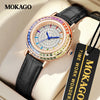 Quartz Women's Watch With Starry Sky Design Casual Light Luxury Diamondencrusted Copper Shell Doublesided Firstlayer Leather Belt Round Dial