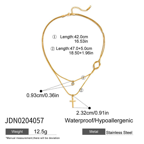 Quiet And Beautiful Design Sweet Romantic Stainless Steel Cross White Round Zircon Pendant Double Layer Necklace Electroplated