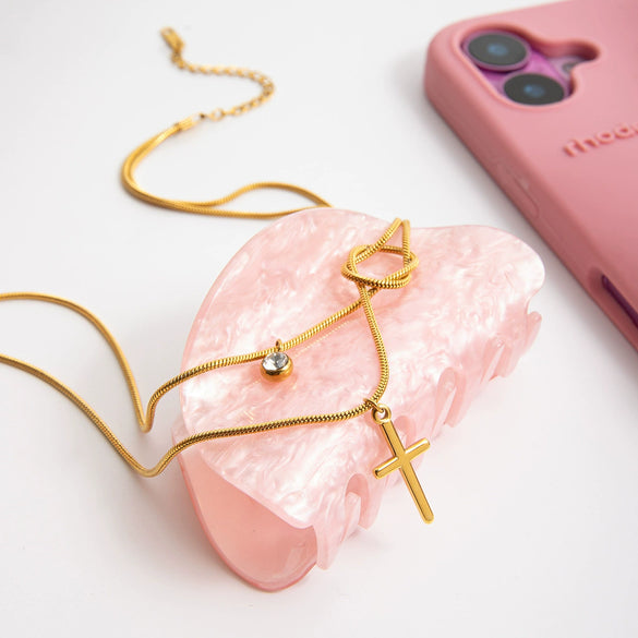 Quiet And Beautiful Design Sweet Romantic Stainless Steel Cross White Round Zircon Pendant Double Layer Necklace Electroplated