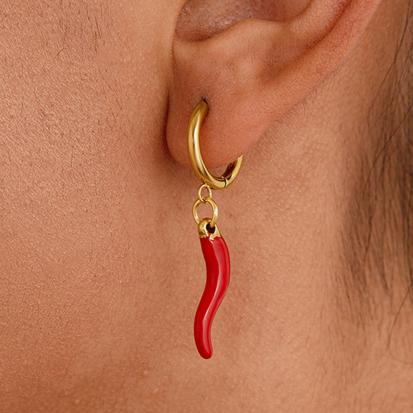 Quiet Elegant Resort Style Stainless Steel Red Oil Dripping Chili Pendant Earrings With Geometric Shape Electroplated