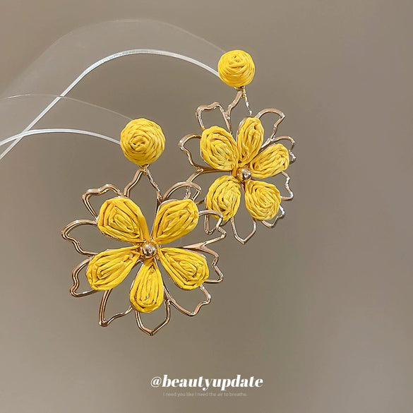 Raffia Flower Hand Knitted Alloy Earrings For Women With High End Sense
