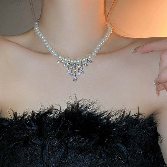 Real Gold Plated Imitation Pearl And Diamond Flower Necklace For Women Copper Pendant Clavicle Chain High Sense Niche Fashion Elegant Light Luxury High End Jewelry