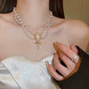 Real Gold Plated Imitation Pearl And Diamond Flower Necklace For Women Copper Pendant Clavicle Chain High Sense Niche Fashion Elegant Light Luxury High End Jewelry