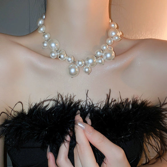 Real Gold Plated Imitation Pearl And Diamond Flower Necklace For Women Copper Pendant Clavicle Chain High Sense Niche Fashion Elegant Light Luxury High End Jewelry