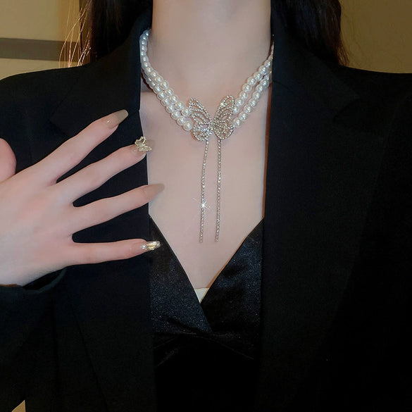 Real Gold Plated Imitation Pearl And Diamond Flower Necklace For Women Copper Pendant Clavicle Chain High Sense Niche Fashion Elegant Light Luxury High End Jewelry