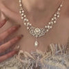 Real Gold Plated Imitation Pearl And Diamond Flower Necklace For Women Copper Pendant Clavicle Chain High Sense Niche Fashion Elegant Light Luxury High End Jewelry