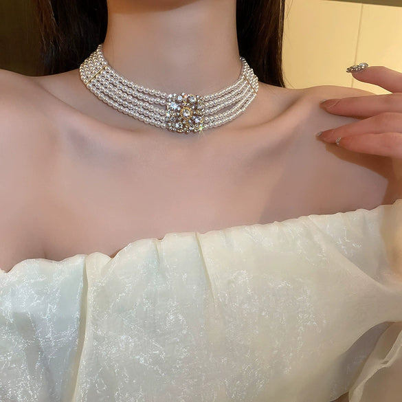 Real Gold Plated Imitation Pearl And Diamond Flower Necklace For Women Copper Pendant Clavicle Chain High Sense Niche Fashion Elegant Light Luxury High End Jewelry