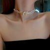 Real Gold Plated Imitation Pearl And Diamond Flower Necklace For Women Copper Pendant Clavicle Chain High Sense Niche Fashion Elegant Light Luxury High End Jewelry
