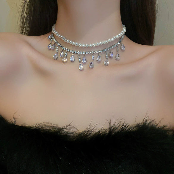 Real Gold Plated Imitation Pearl And Diamond Flower Necklace For Women Copper Pendant Clavicle Chain High Sense Niche Fashion Elegant Light Luxury High End Jewelry