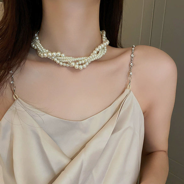 Real Gold Plated Imitation Pearl And Diamond Flower Necklace For Women Copper Pendant Clavicle Chain High Sense Niche Fashion Elegant Light Luxury High End Jewelry