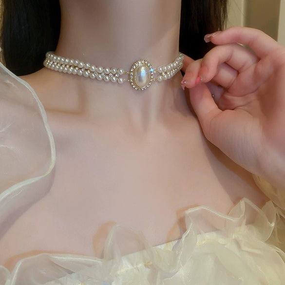 Real Gold Plated Imitation Pearl And Diamond Flower Necklace For Women Copper Pendant Clavicle Chain High Sense Niche Fashion Elegant Light Luxury High End Jewelry