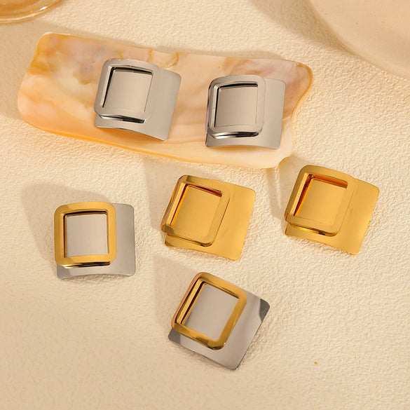 Rectangular Geometric Light Luxury Style Stainless Steel 18K Gold Electroplated Women's Earrings