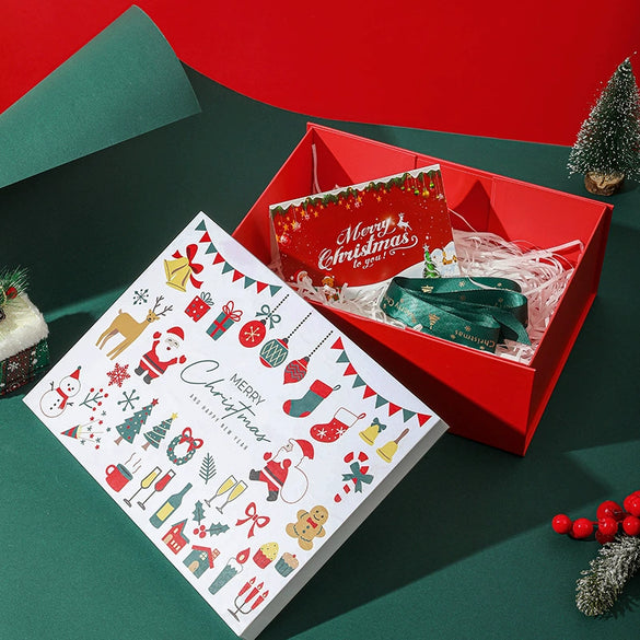 Red Christmas Santa Claus Uv Printed Gift Box With Raffia And Card White Cardboard Packaging For Scarves And Gloves