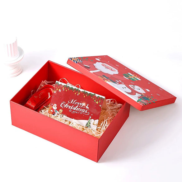 Red Christmas Santa Claus Uv Printed Gift Box With Raffia And Card White Cardboard Packaging For Scarves And Gloves