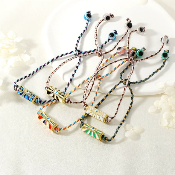 Red Rope Woven Bracelet With Demon Eye Knot Handmade Copper Plastic Bracelet In Geometric Style For Unisex