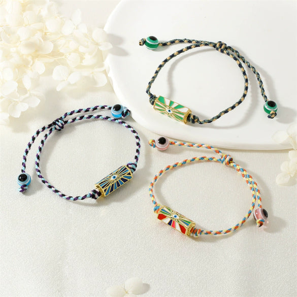 Red Rope Woven Bracelet With Demon Eye Knot Handmade Copper Plastic Bracelet In Geometric Style For Unisex