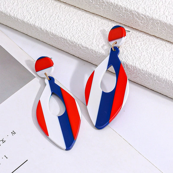 Red White And Blue Striped Acrylic Geometric Hoop Earrings Unisex Statement Jewelry