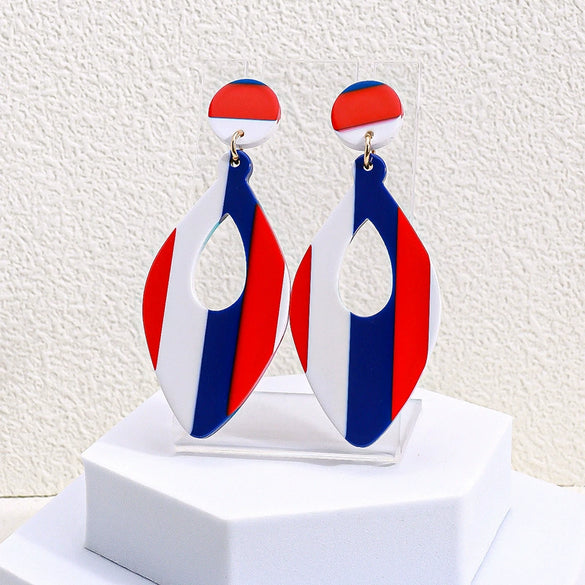 Red White And Blue Striped Acrylic Geometric Hoop Earrings Unisex Statement Jewelry