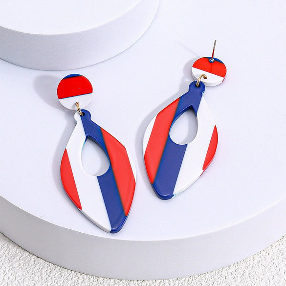Red White And Blue Striped Acrylic Geometric Hoop Earrings Unisex Statement Jewelry